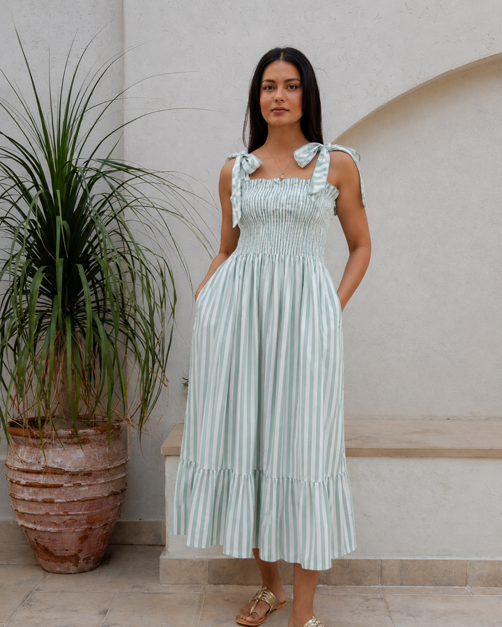 Yasmin Smocked Sundress in duck egg stripe - Dilli Grey