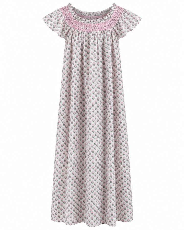 Daisy Butta Smocked Nightie in White and Pink - Dilli Grey