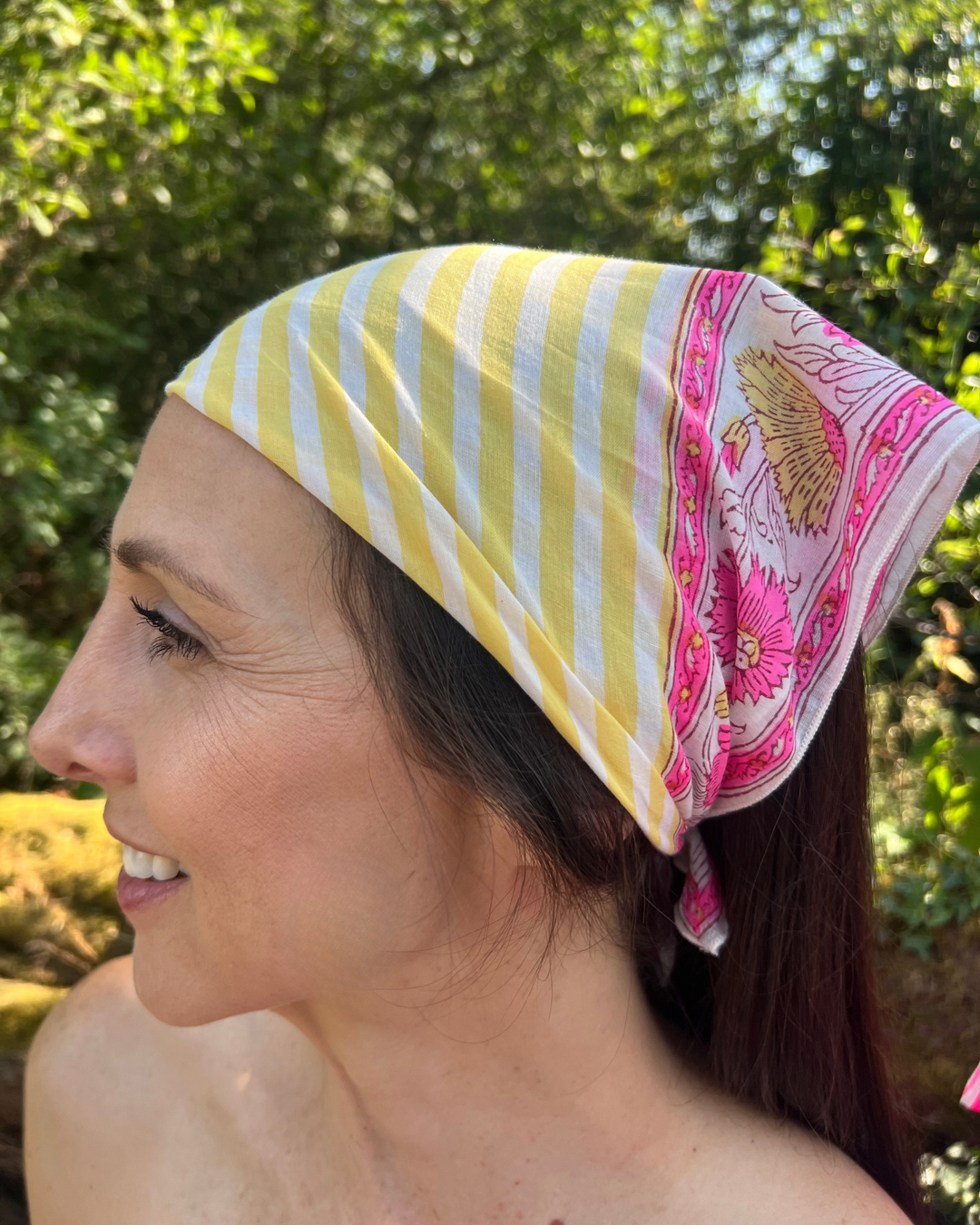Hand Block Printed Cotton Bandana Scarf in yellow & pink - Dilli Grey