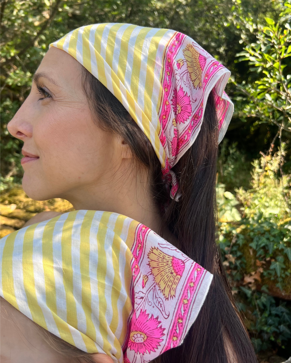 Hand Block Printed Cotton Bandana Scarf in yellow & pink - Dilli Grey