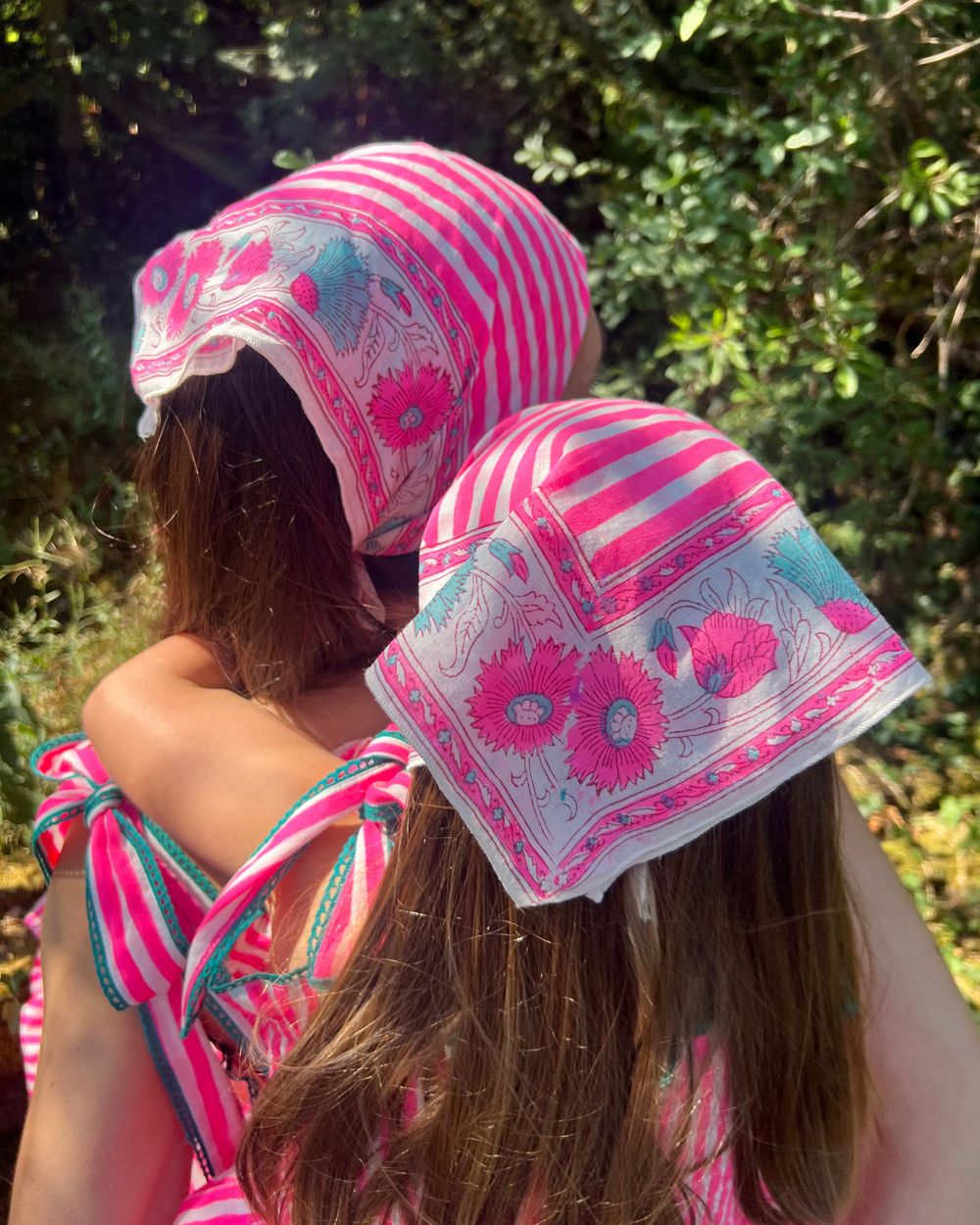 Hand Block Printed Bandana Scarf in neon pink & turquoise - Dilli Grey