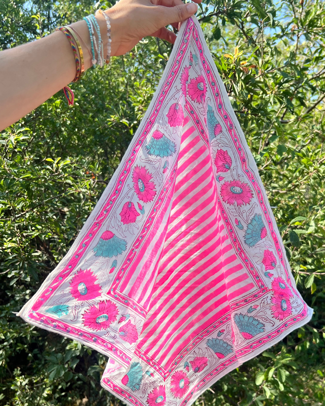 Hand Block Printed Bandana Scarf in neon pink & turquoise - Dilli Grey