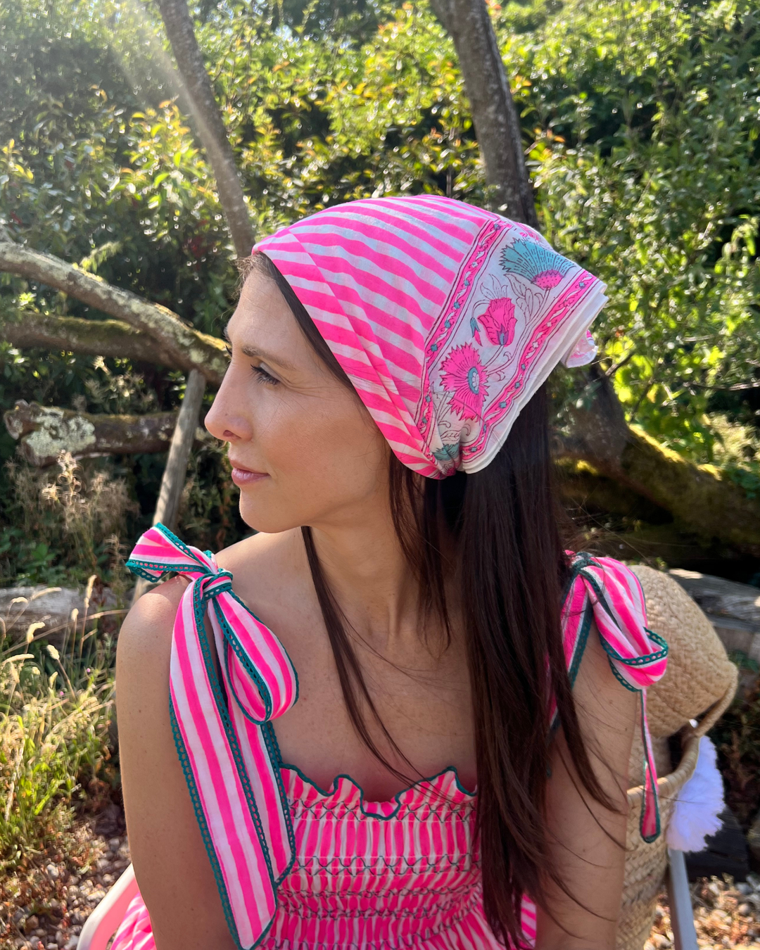 Hand Block Printed Bandana Scarf in neon pink & turquoise - Dilli Grey