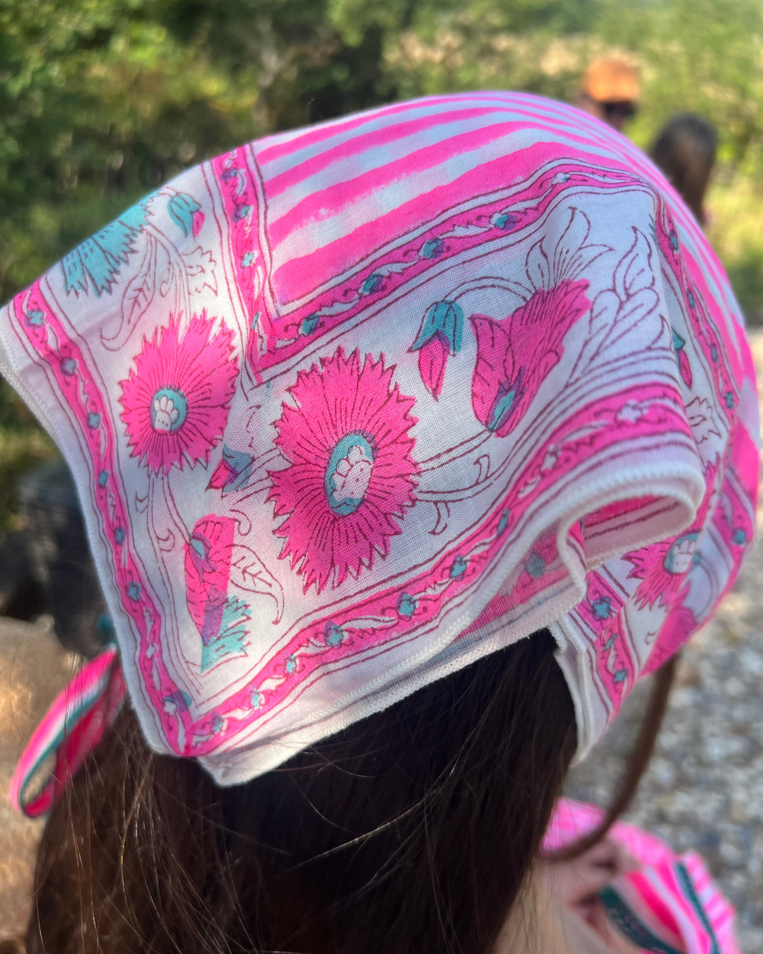 Hand Block Printed Bandana Scarf in neon pink & turquoise - Dilli Grey