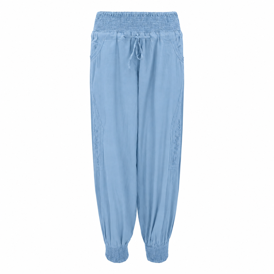 Chikankari-embroidered yoga pants in sky blue