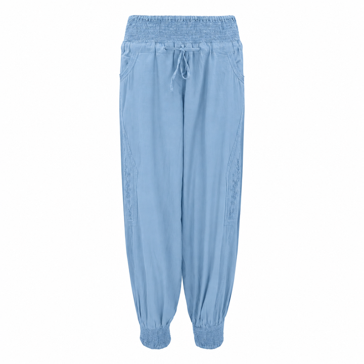 Chikankari-embroidered yoga pants in sky blue