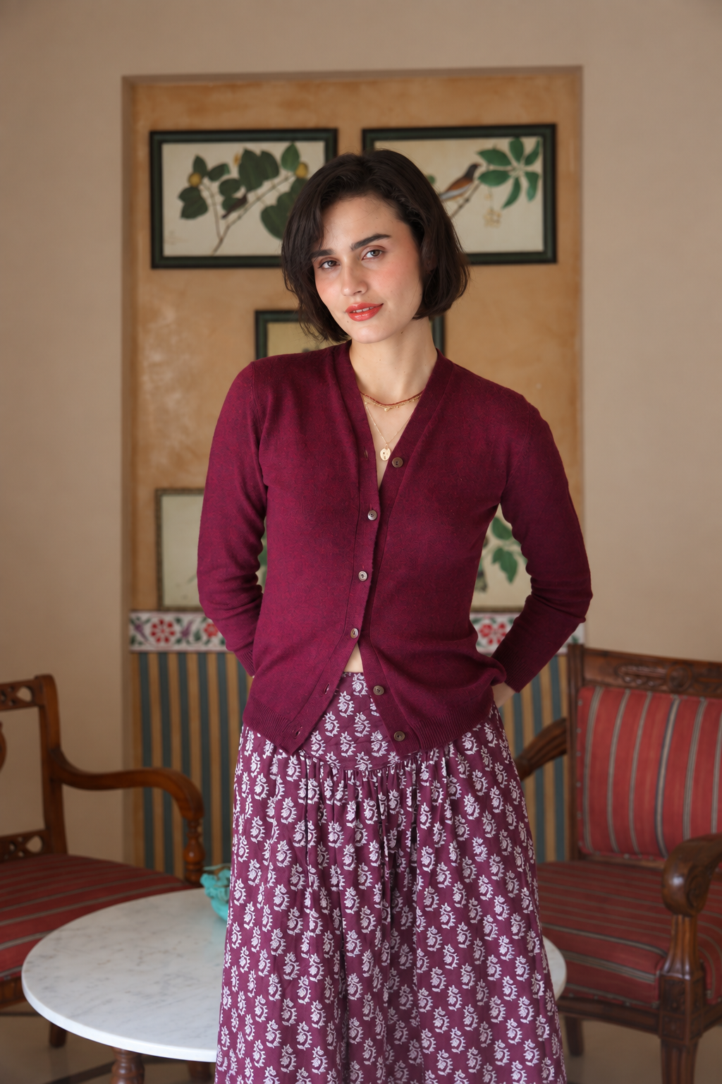 Wool Cashmere Skinny Knit Cardigan in Burgundy Marl - Dilli Grey