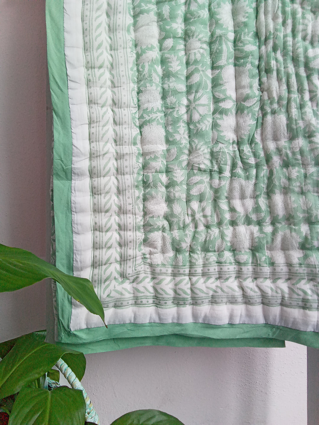 Matcha Green Narayan hand-block printed quilt