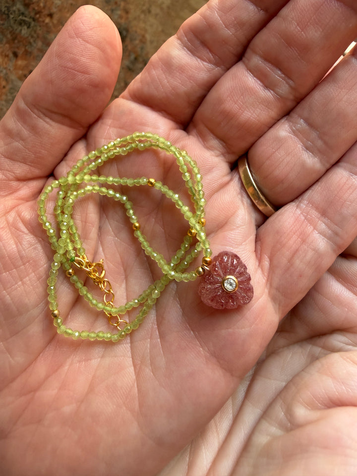 Jaipur Carved Heart Necklace in Strawberry Quartz - SHIPS 9TH SEPTEMBER
