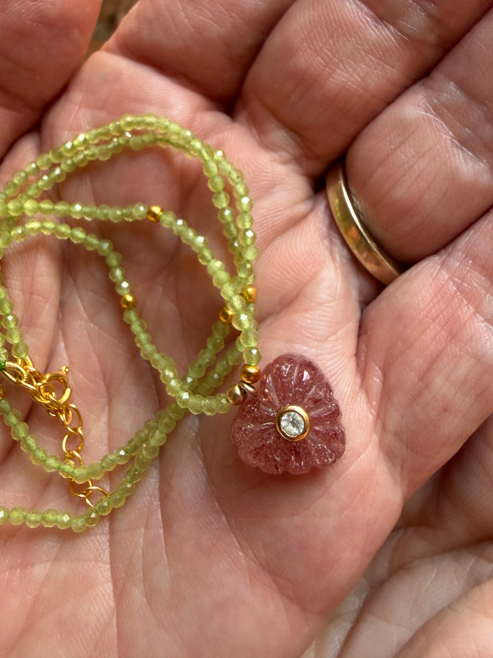 Jaipur Carved Heart Necklace in Strawberry Quartz - SHIPS 9TH SEPTEMBER