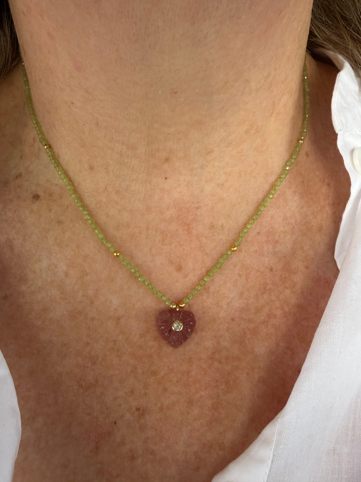 Jaipur Carved Heart Necklace in Strawberry Quartz - SHIPS 9TH SEPTEMBER