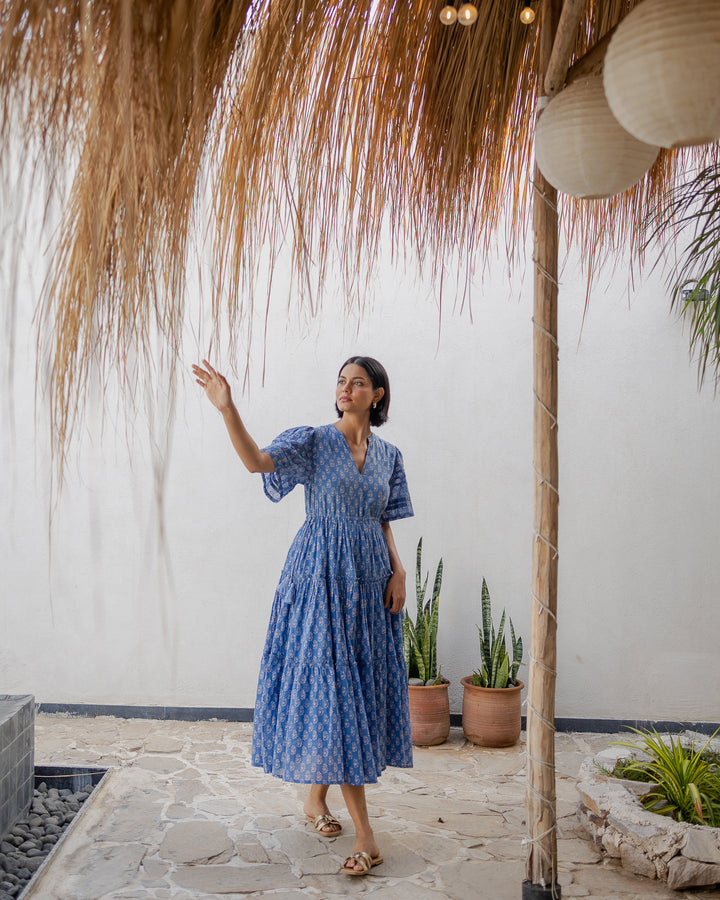 Tara Smocked Dress in lapis & pink - Dilli Grey