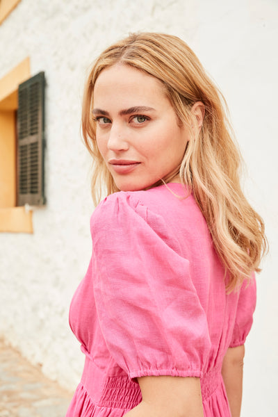 Maria linen midaxi dress in petal pink