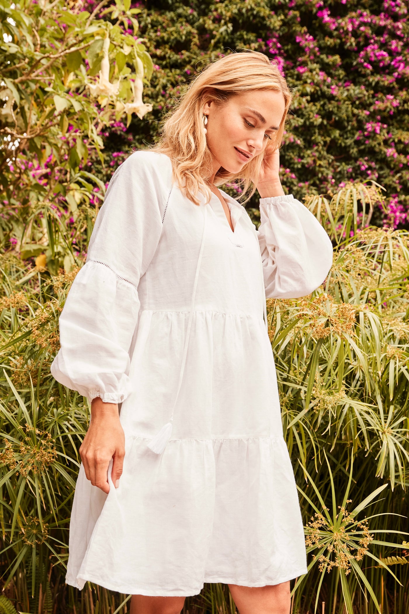 Sunita embroidered linen tunic dress in white