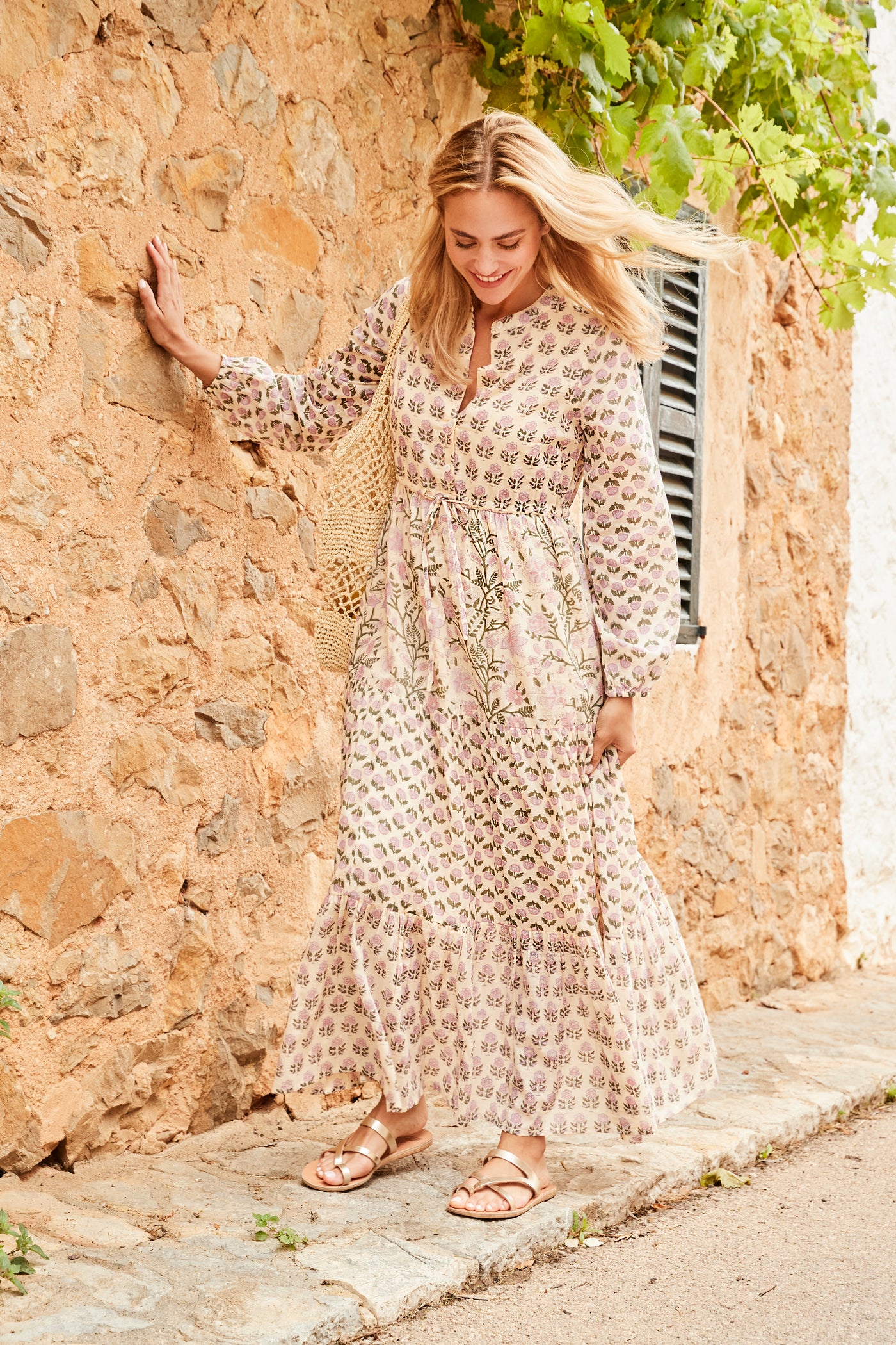 Ellie patchwork maxi dress in sage and pink