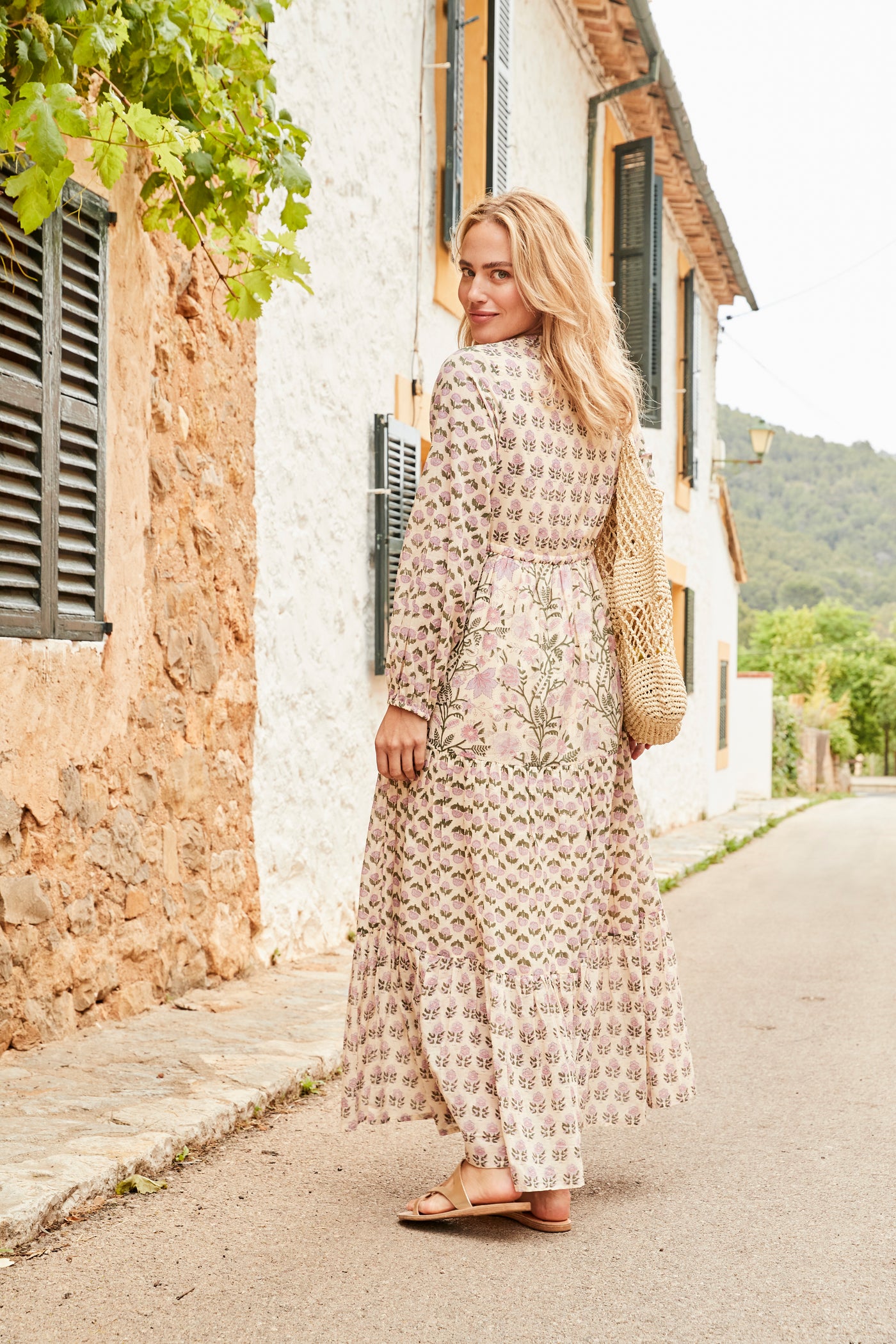 Ellie patchwork maxi dress in sage and pink