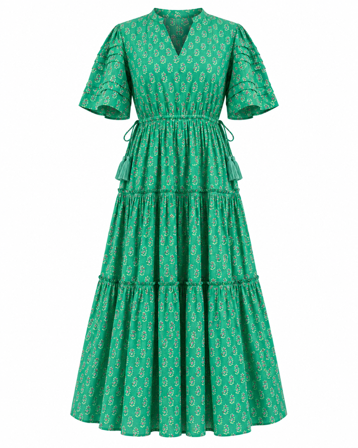 Jayne Mini Butta print midi dress in Jade & Pink