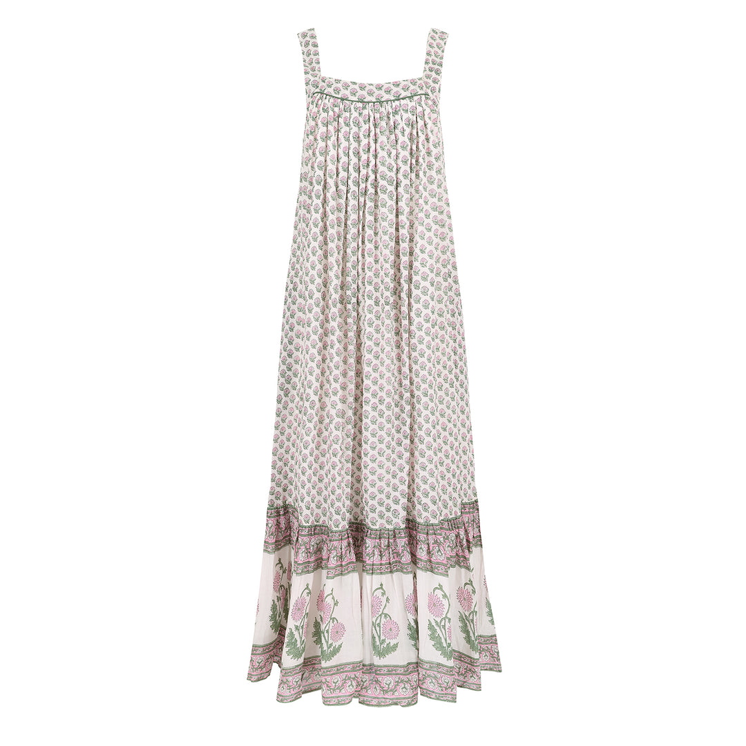 Kaya Maxi Sundress in White & Sage - Dilli Grey