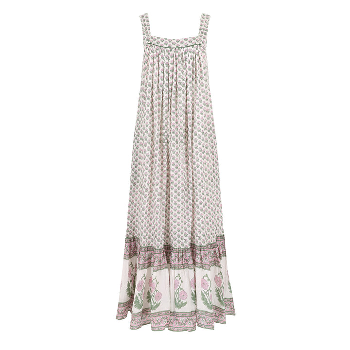 Kaya Maxi Sundress in White & Sage - Dilli Grey
