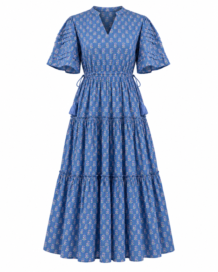 Jayne Mini Butta print midi dress in Lapis Blue & Pink