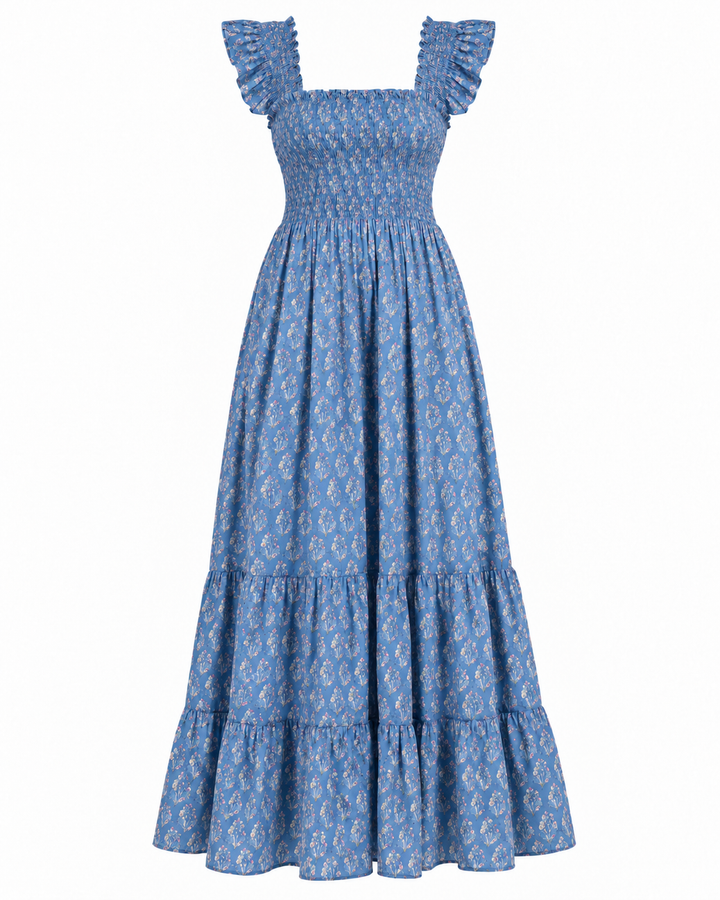 Tara Smocked Dress in lapis & pink