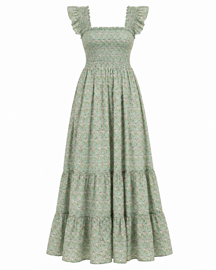 Tara Smocked Dress in sage green and pink