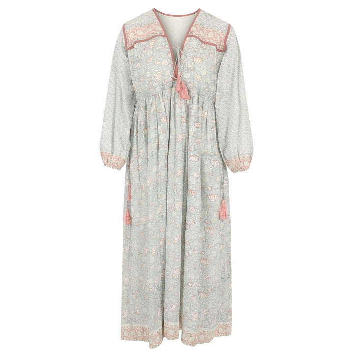 PRE-ORDER: Fifi Boho Midaxi Dress In Dusty Blue