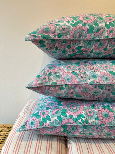 Vintage Floral Piped Cushion Cover in Aquamarine