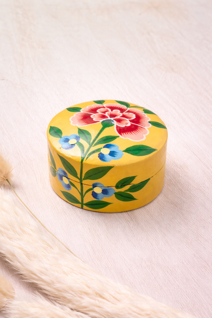 Kashmiri Chrysanthemum Handpainted small Trinket Box in yellow - Dilli Grey