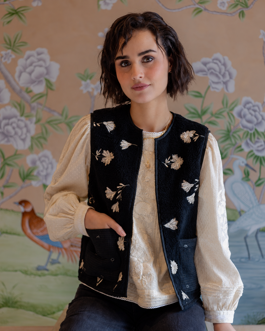 Meera Embroidered Teddy Gilet in Black - delivery beg Nov - Dilli Grey