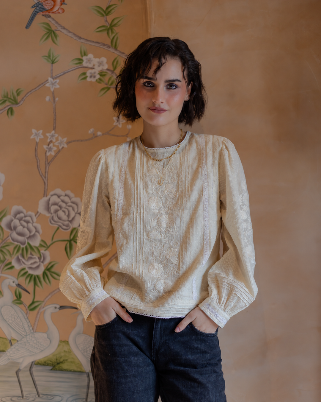 Sona Embroidered Dobby Blouse in Cream - delivery beg Nov - Dilli Grey
