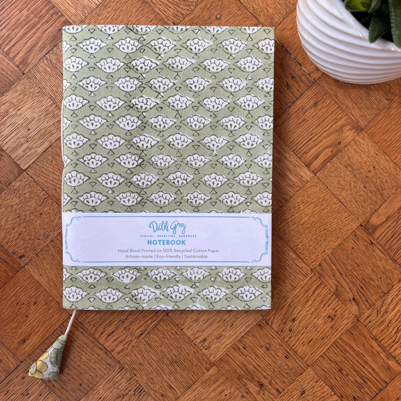 Fabric-covered notebook in sage wave print