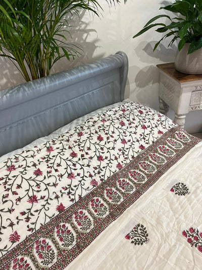 Jasmine Jaal hand-block printed quilt in sage and pink