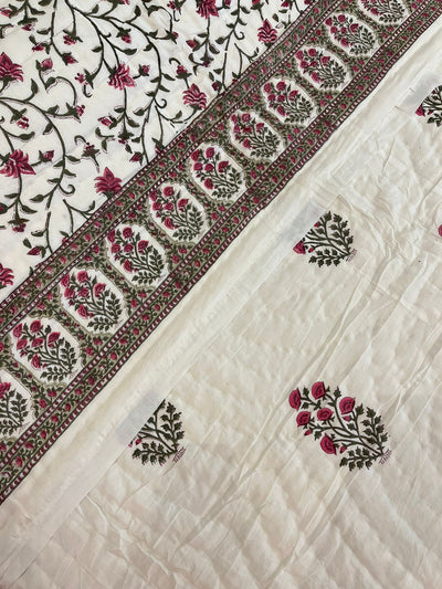 Jasmine Jaal hand-block printed quilt in sage and pink