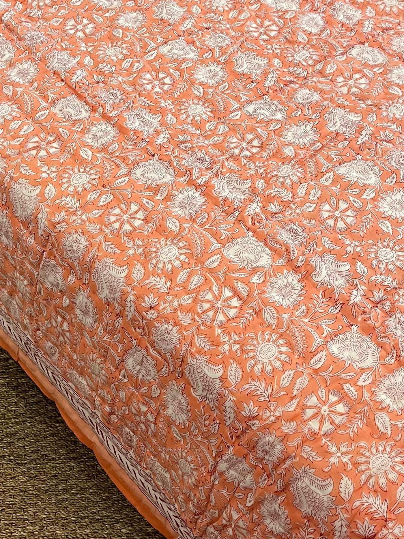 Peach Narayan hand-block printed quilt - Dilli Grey