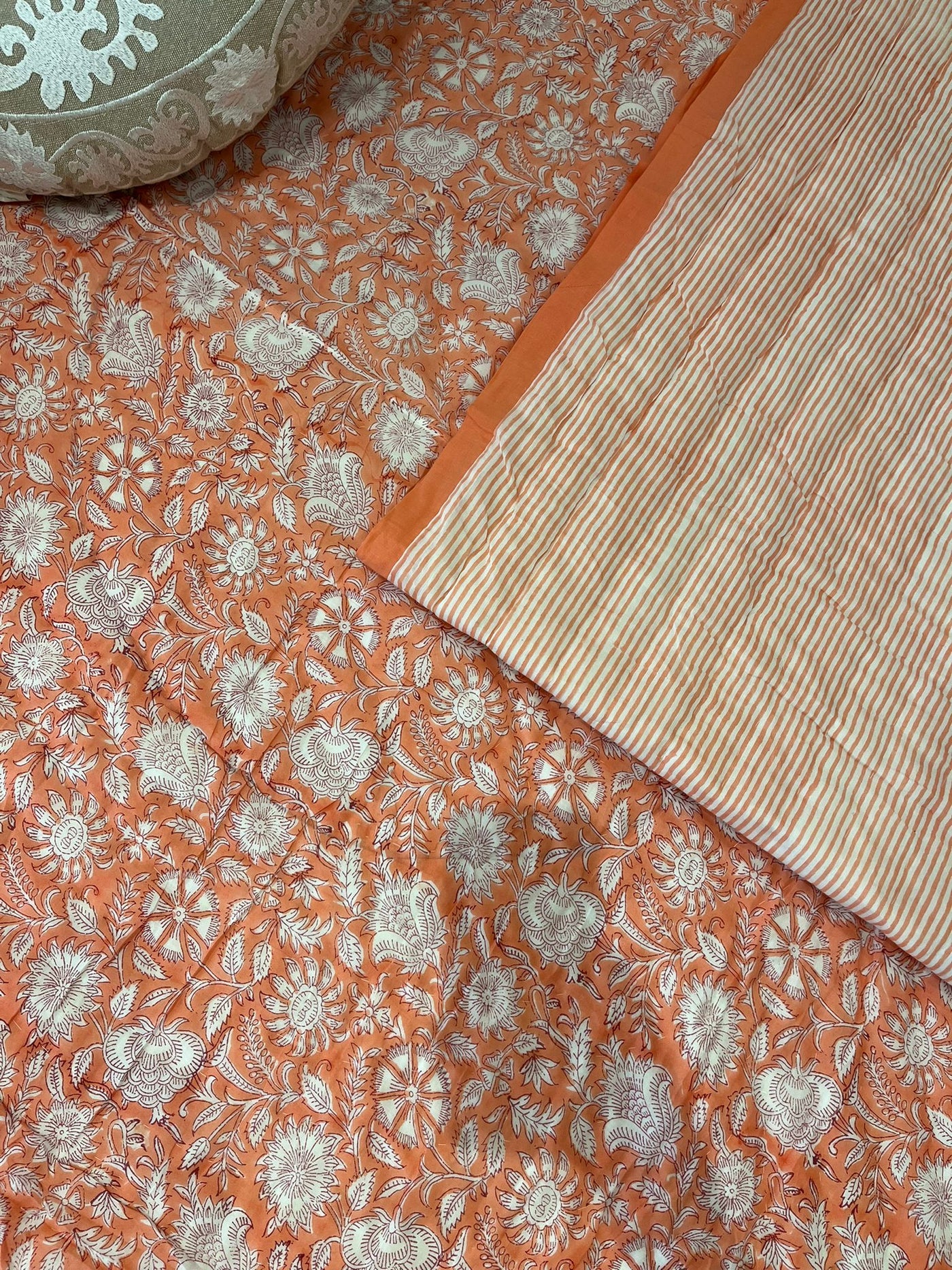 Peach Narayan hand-block printed quilt - Dilli Grey
