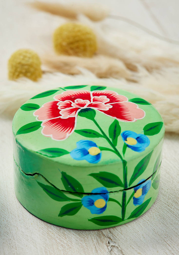 Kashmiri Chrysanthemum Handpainted Trinket Box Small - Dilli Grey