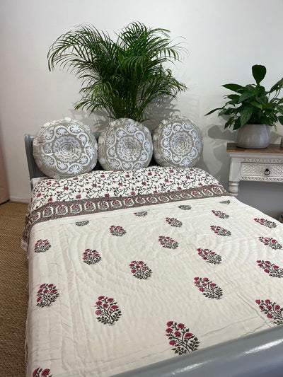 Jasmine Jaal hand-block printed quilt in sage and pink