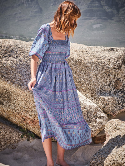 Lizzie Smocked Maxi Dress in Blue Paisley