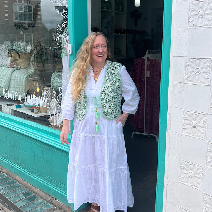 Priya quilted waistcoat in sage - SAMPLES SMALL AND X LARGE (NO RETURNS)