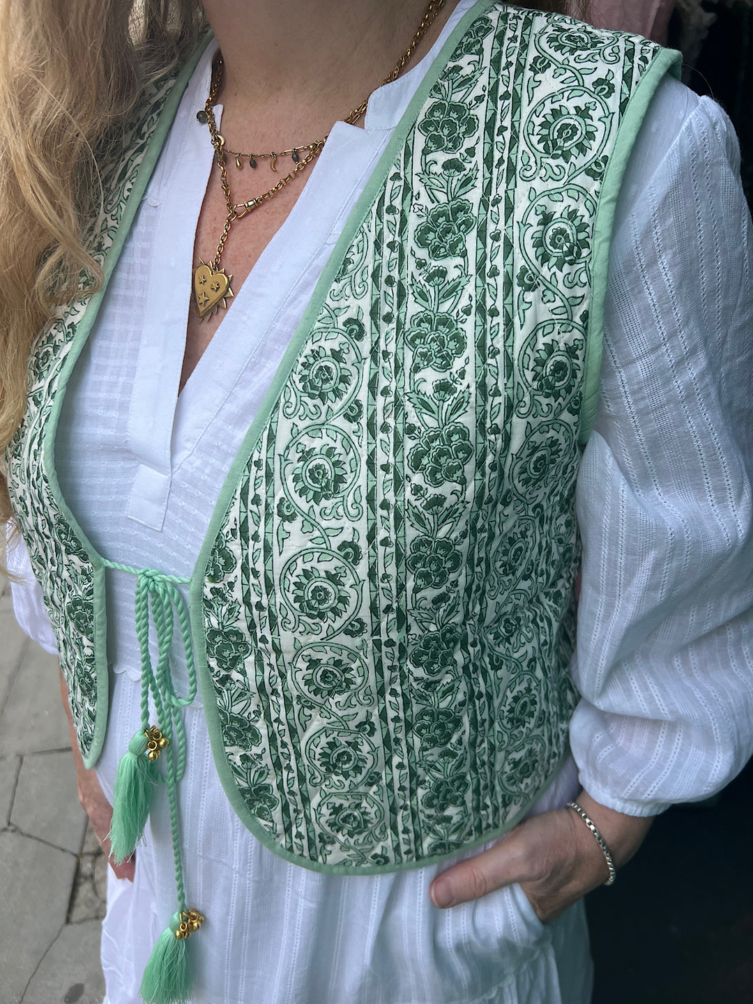 Priya quilted waistcoat in sage - SAMPLES SMALL AND X LARGE (NO RETURNS)