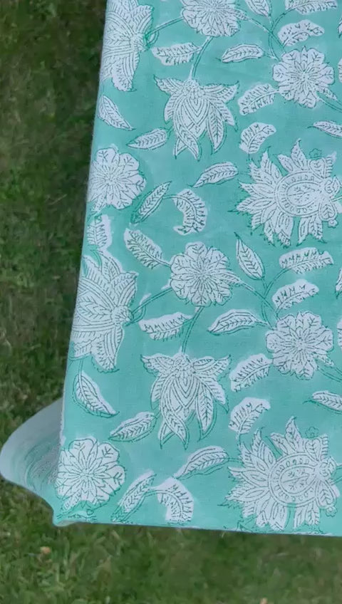 Champaca Print Tablecloth in Aqua Splash