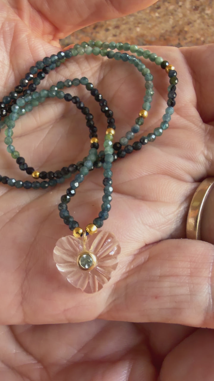 Jaipur Carved Heart Necklace in Crystal & Green Tourmaline  - SHIPS 9TH SEPTEMBER
