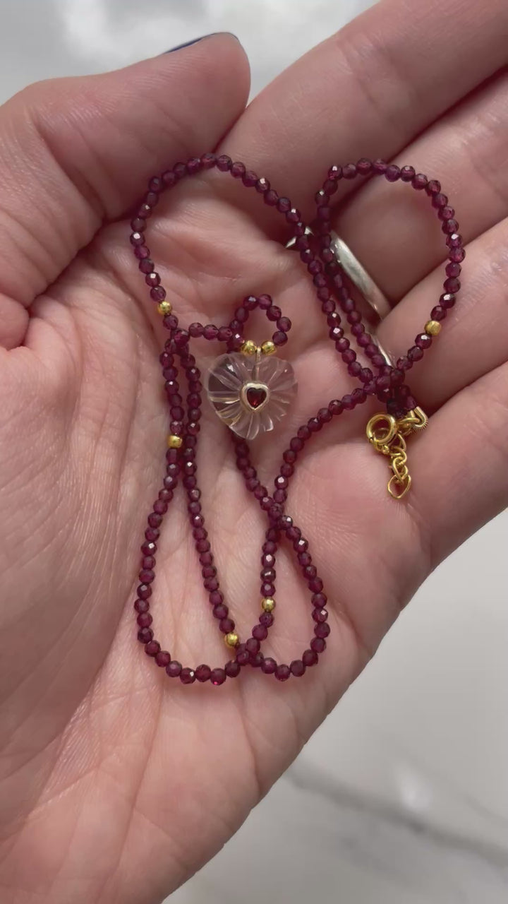 Jaipur Carved Heart Necklace in Garnet & Crystal