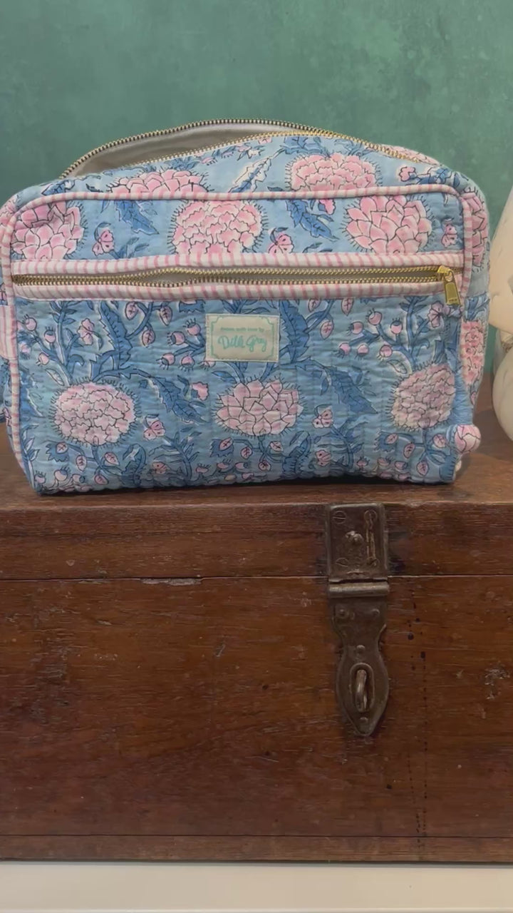 Johari Double Zip Wash Bag In Blue And Pink