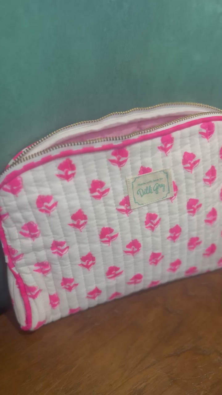 Neon pink ditsy Makeup Pouch