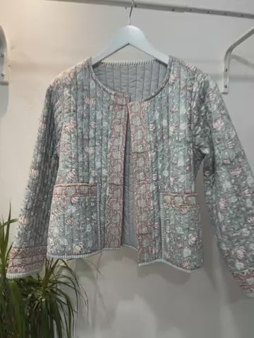 Quilted Jacket in grey and pink lotus - SAMPLE size small  (NO RETURNS)