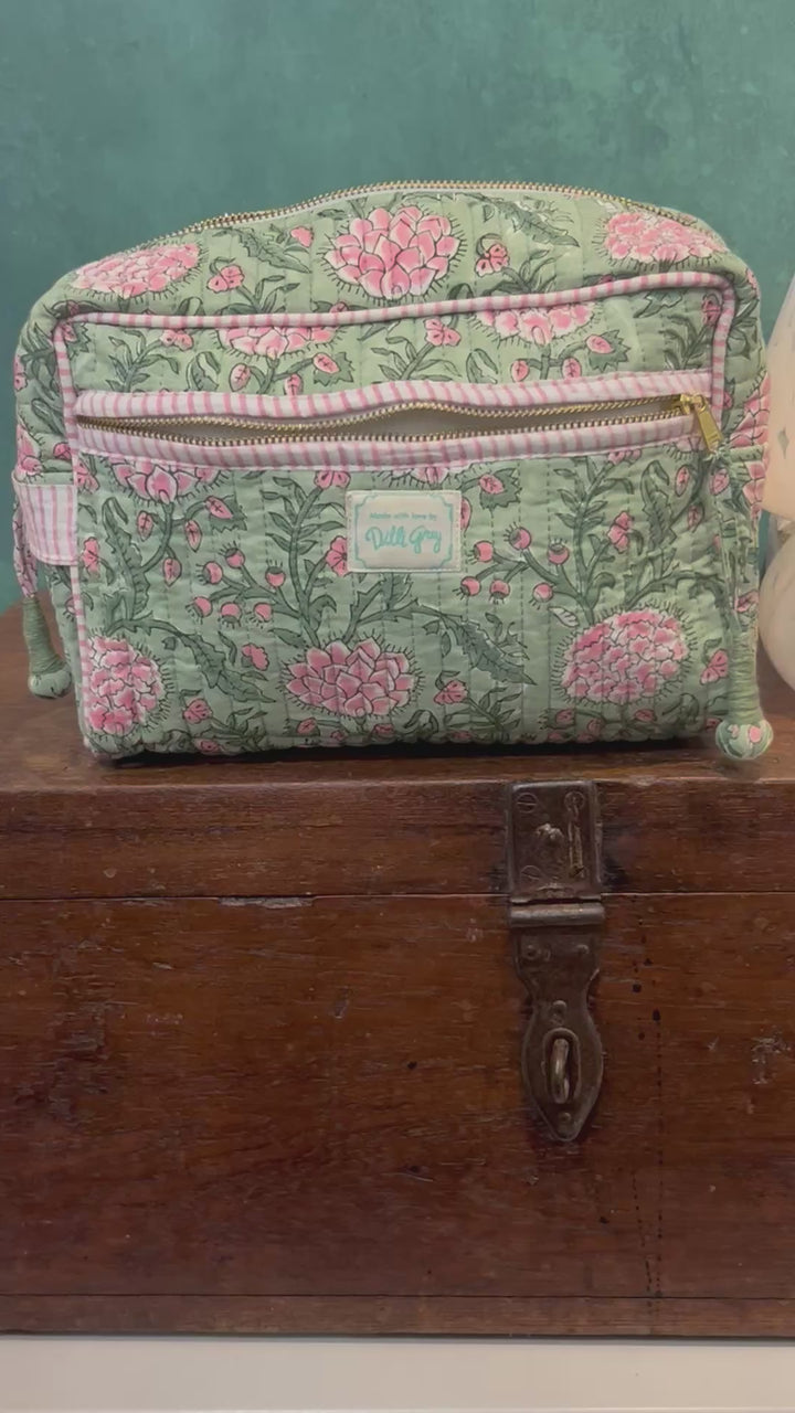 Johari Double Zip Wash Bag In Sage And Dusty Pink