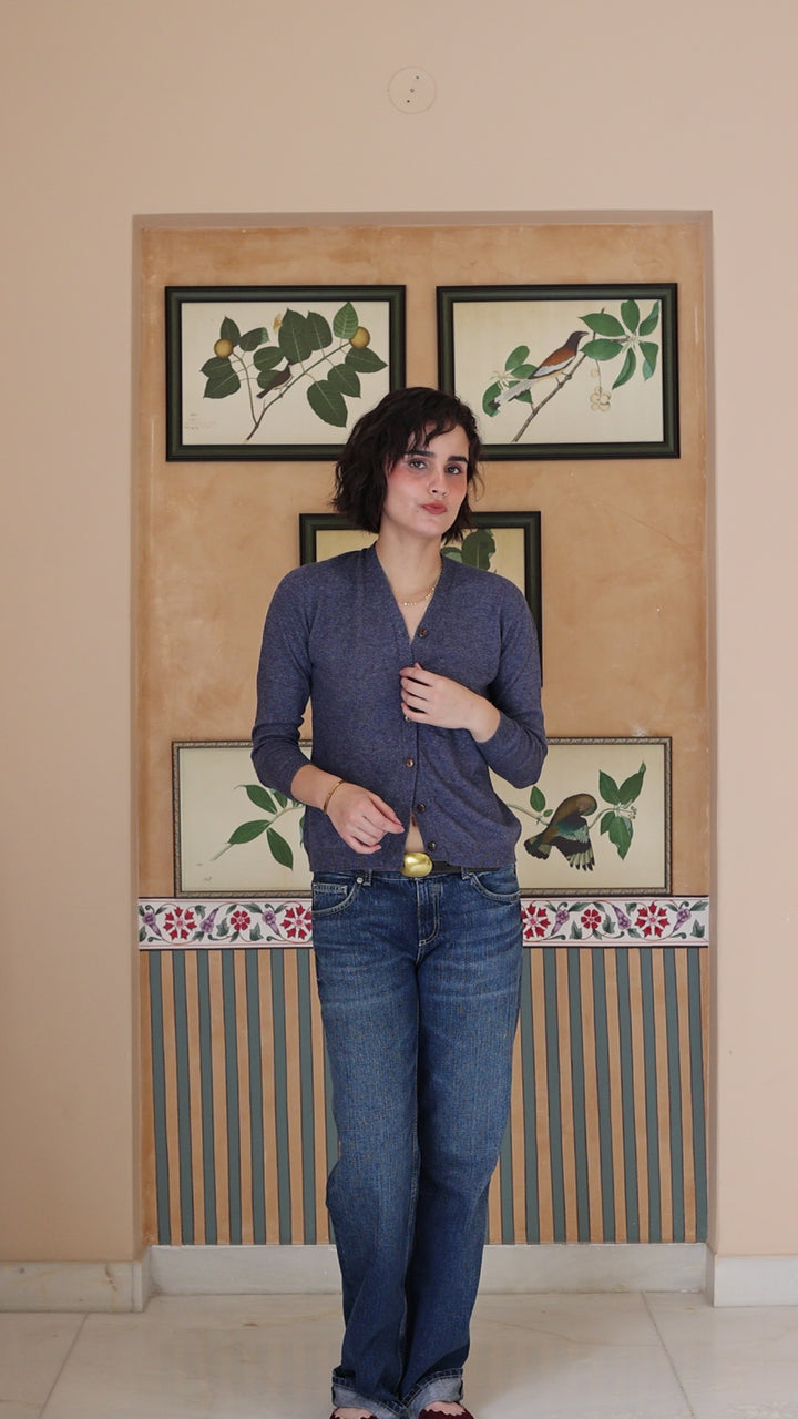 Wool Cashmere Skinny Knit Cardigan in Denim Blue