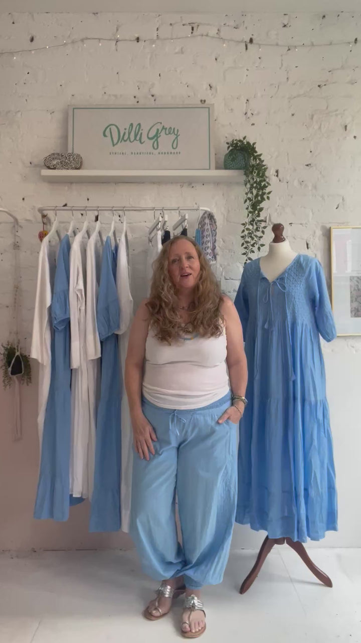 Chikankari-embroidered yoga pants in sky blue